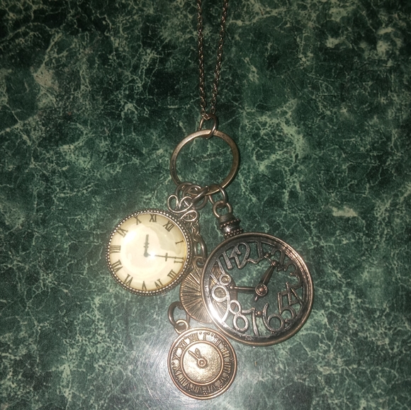 Long Clock Time Charms Pewter Colored Steampunk Boho Necklace - Picture 5 of 7